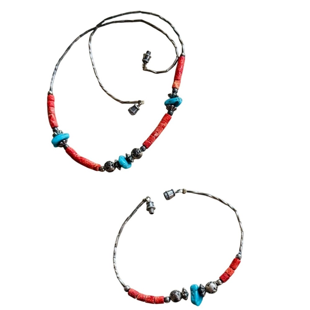 VTG Native American Coral Turquoise Necklace Bracelet Heishi Matching Set Silver